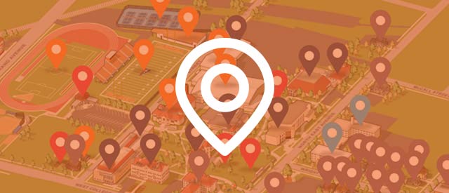 Illustration of campus with map marker icon