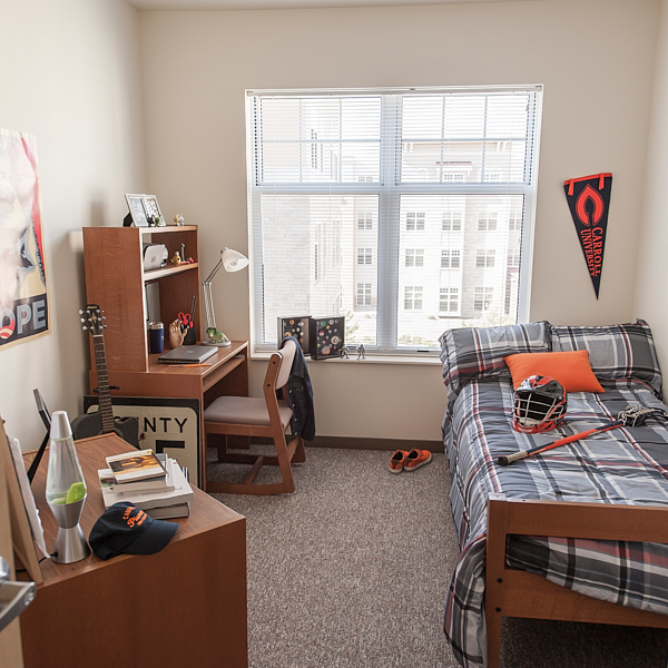 A staged dorm room